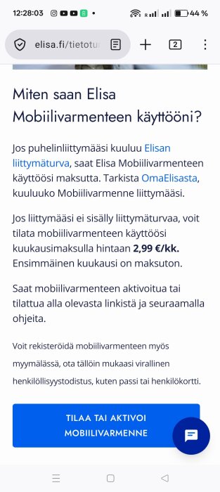 Skärmbild av en finsk webbplats som beskriver hur man aktiverar Elisa Mobilvarmenne. Texten handlar om kostnad och aktivering av tjänsten.