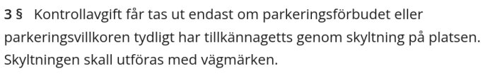 Text om lag gällande kontrollavgift vid olovlig parkering.