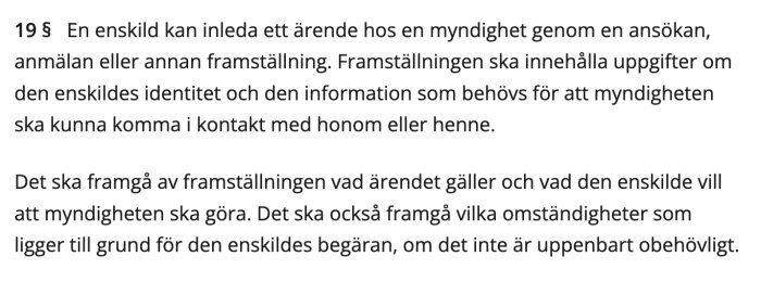 Bild av 19 § i förvaltningslagen, som beskriver hur en enskild kan inleda ett ärende hos en myndighet, inklusive krav på innehåll i ansökan.