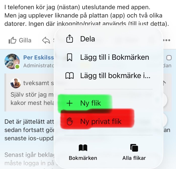 Meny med alternativen "Ny flik" och "Ny privat flik" markerade i grönt och rött, med bokmärkes- och delningsalternativ synliga.