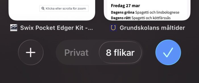 Webbläsarens gränssnitt visar att privat surfning är aktiverad med 8 öppna flikar, samt exempel på webbsidor relaterade till skidutrustning och skolmåltider.