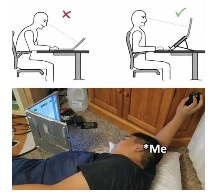 Illustration av rätt och fel ergonomi vid datoranvändning, med en humoristisk bild av en person som ligger ner för att använda sin dator.