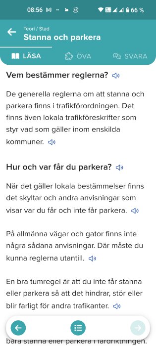 Körkortsbokens sida om regler för att stanna och parkera, med information om generella och lokala trafikföreskrifter i Sverige.