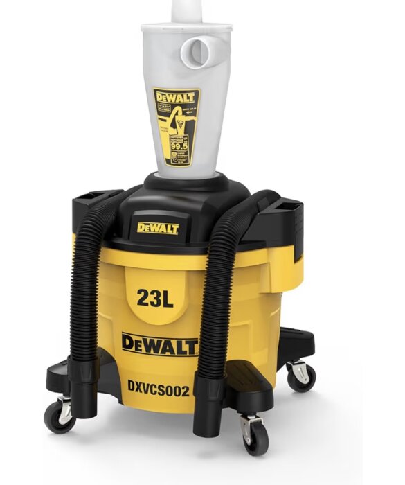 Dewalt cyklon dammseparator och dammsugare, 23L kapacitet med hjul, i gul och svart design.