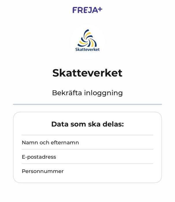 Bild av Freja eID inloggning till Skatteverket med uppgifter att dela som namn, e-postadress och personnummer.