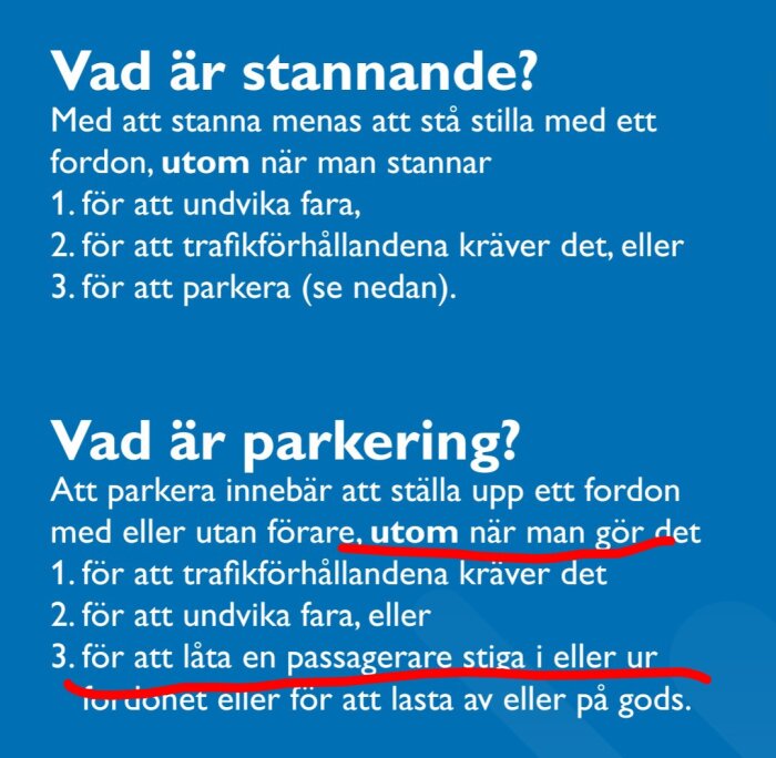 Textdiskussion om skillnaderna mellan att stanna och parkera, inklusive undantag för när dessa regler tillämpas.
