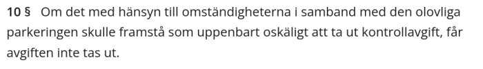 Textutdrag om parkeringsavgifter med fokus på omständigheter som kan göra avgiften oskälig.