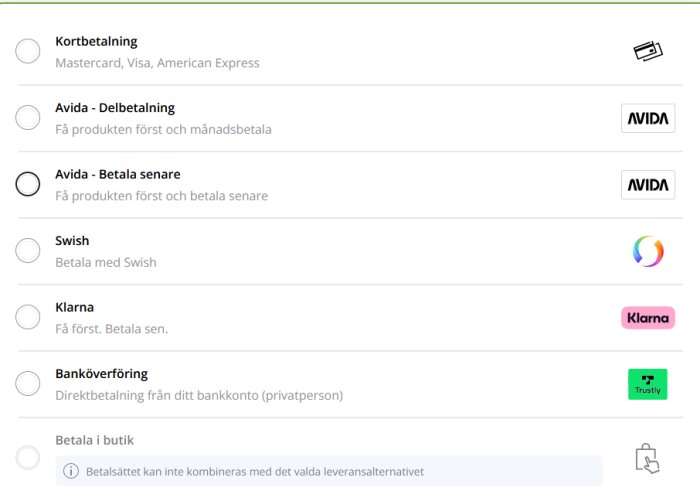 Betalningsalternativ vid checkout med olika metoder som kortbetalning, Avida, Swish, Klarna, och banköverföring genom Trustly.