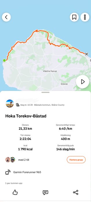 Karta över löprunda Torekov-Båstad, 21,33 km; data: 2:22:04 tid, 6:40/km tempo, 400 m höjdökning, 1790 kcal, 146 slag/min puls. Garmin Forerunner 965.