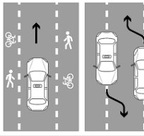 Bilden visar två trafikscenarier där bilar interagerar med cyklister och fotgängare på en flerfilig väg, med pilar som visar bilarnas körriktning.