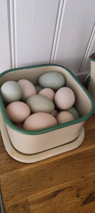 En skål med pastellfärgade ägg i olika nyanser står på en träbänk framför en vit panelvägg.