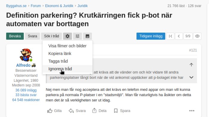 Användargränssnitt för diskussionsforum med en meny för trådalternativ uppifrån.