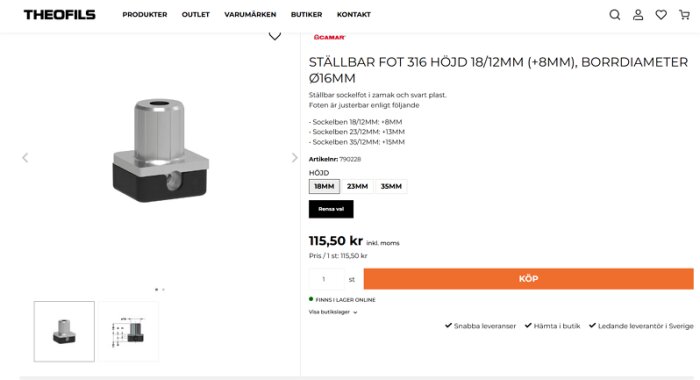 Ställbar möbelfot med justerbar höjd, tillverkad i zamak och svart plast, med 18/12mm höjd och 8mm borrdiameter, från Theofils webbshop.