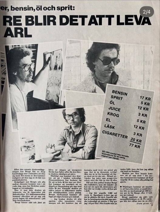 Tidningssida diskuterar ökade levnadskostnader med tre foton av en man i glasögon, en lista med priser på varor och text om höjda priser.