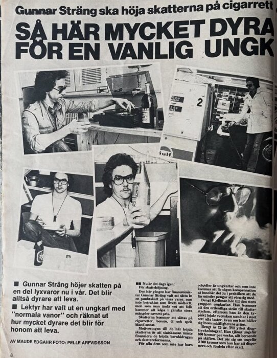 Tidningsartikel om skattehöjningar på cigaretter och lyxvaror, med bilder på man vid skivspelare, bensinpump och med cigarett samt öl.
