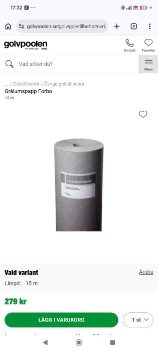 Rulle med grålumppapp Forbo, 15 meter, på en websida där det går att beställa för 279 kr.