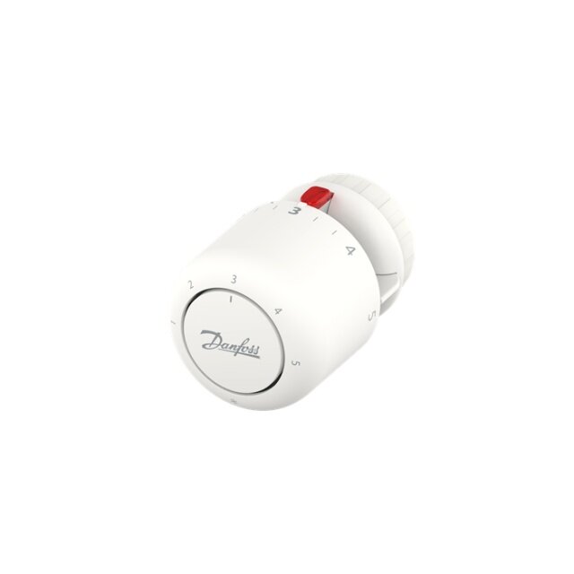 Danfoss vit termostat med ratt och siffror för temperaturinställning, seriemärke tydligt synligt på framsidan.