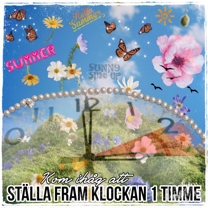 Somrig illustration med blommor, fjärilar och texten "Kom ihåg att ställa fram klockan 1 timme". Klocka visar sommartid.