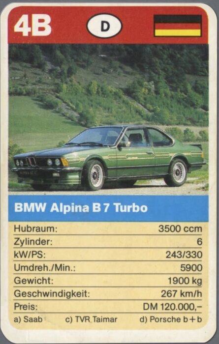 Kort från en biltrump trädgårdsspel med BMW Alpina B7 Turbo, tekniska specifikationer och prestandadata i tabellformat.