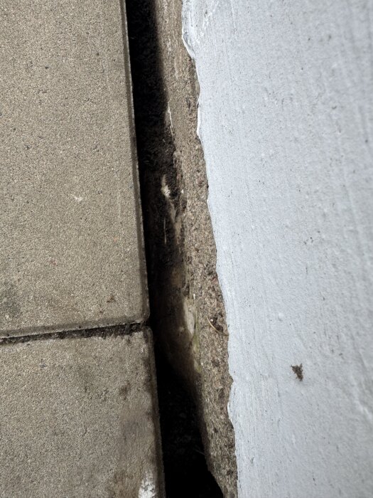 Marksten och en husvägg med en synlig springa mellan dem. Marken är sänkt vilket skapar ett tomrum som behöver fyllas igen.
