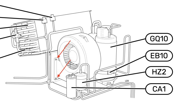 Diagram av fläktens montering med pilar som markerar två svarta skruvar till vänster om fläkten.