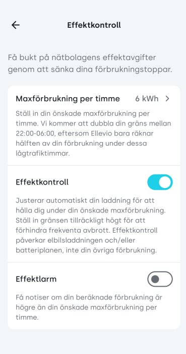 Skärmdump av effektkontrollfunktion i Pulse-appen, med inställningar för maxförbrukning per timme och alternativ för effektlarm.