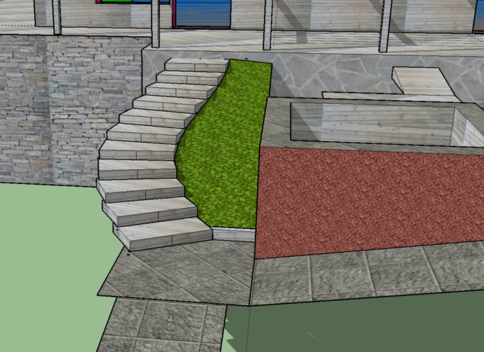 Rendering av planerad trädgårdsgång med oregelbunden skiffer och trappa som kopplar hus och pooldäck, omgiven av grönska och granitkantsten.