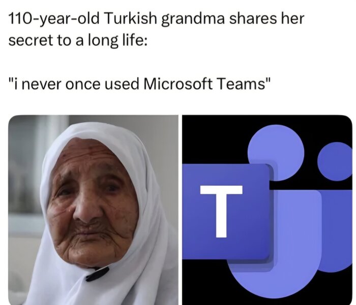 Äldre kvinna i vit hijab bredvid Microsoft Teams-logotypen, text ovan säger att hon aldrig använt Microsoft Teams som hemlighet för långt liv.