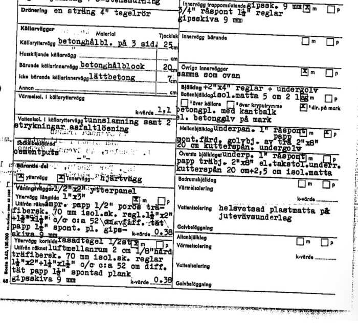 Teknisk specifikation från 1965: planritning med väggtyper och material som betonghålblock och lättbetong, inklusive vägg- och bjälklagbeskrivningar.