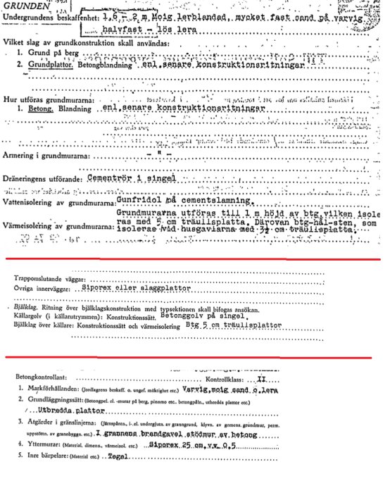 Textdokument med tekniska detaljer om grundkonstruktion, markförhållanden och byggmaterial för ett byggprojekt, inklusive betongblandning och dränering.