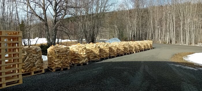 Staplar med vedträn på pallar längs en grusväg vid en skog med nakna träd och fläckar av snö.