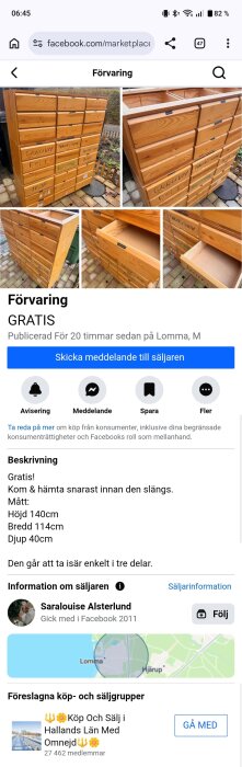 Träställning med flera lådor märkta med olika typer av föremål, lämplig för förvaring och organisation. Finns tillgänglig gratis.