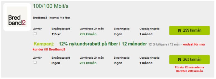 Bredband2 abonnemangserbjudande med 100/100 Mbit/s, inga bindningstider, jämförpriser och nykundsrabatt på 12% i 12 månader.