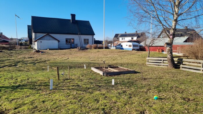 Trädgård med upphöjd odlingsram och björk, där en stubbe syns bredvid ett hus med stege. Plats för växthus markerad med pinnar.