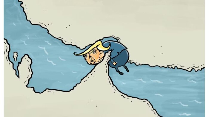 Tecknad figur i form av en man med karaktäristiskt gult hår som symboliskt försöker täppa till en kanal mellan Mexiko och USA.