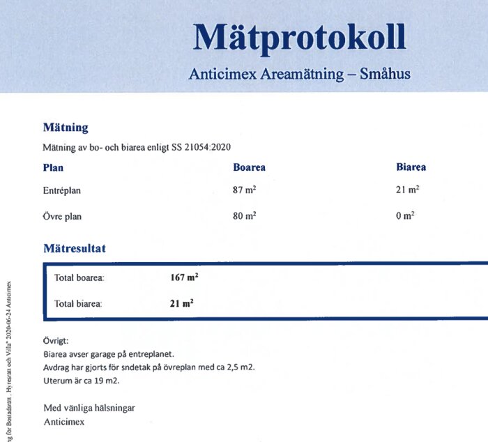 Mätrapport från Anticimex visar boarea 167 kvm och biarea 21 kvm, daterad 2026-02-25, med mätningar för entréplan och övre plan.