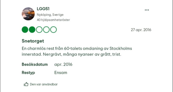 Recension av Snetorget med betyg 3 av 5, beskriver platsen som charmös rest från 60-talet, nergrävt och grått, besökt ensam i april 2016.