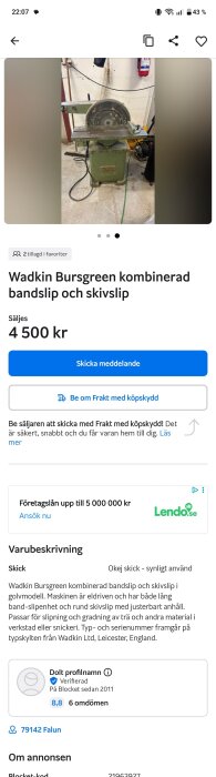 Grön Wadkin Bursgreen kombinerad bandslip och skivslip i verkstadsmiljö, stående på golv med synliga verktyg runtom.
