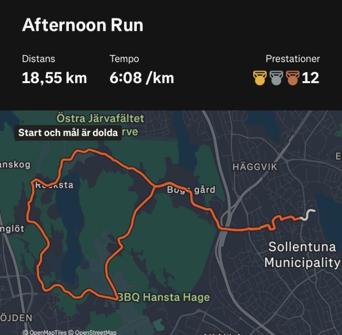 Karta över löprunda i Sollentuna på 18,55 km med tempo 6:08 min/km. Rutt i orange, sträckning genom Östra Järvafältet och Bögs gård markerad.