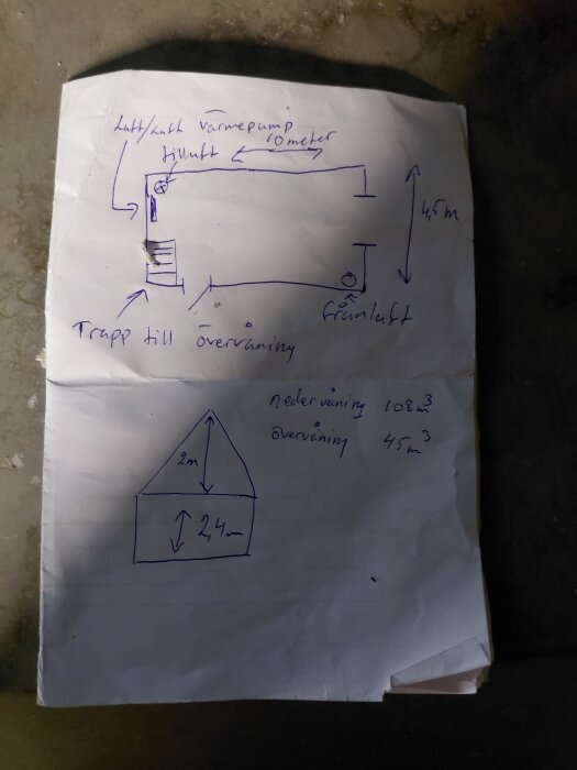 Handritad skiss på FTX-system i garage, visar placering av tilluft och frånluft, luft-luft värmepump samt trapp till övervåning. Mått och flöden noterade.