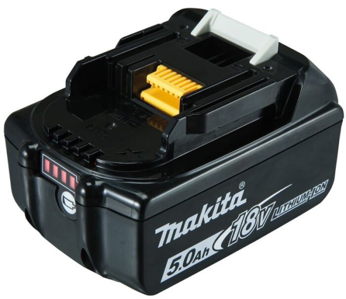 Svart Makita 18V litiumjonbatteri med 5.0Ah kapacitet, visar kontaktpunkt och indikatorer, används för elverktyg.