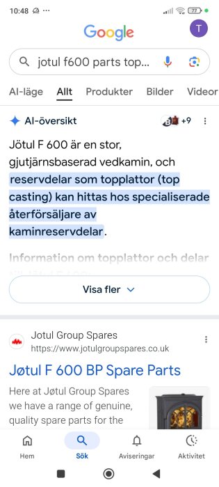 Google-sökning om "Jotul f600 parts top casting" med resultat om vedkamin och reservdelar.