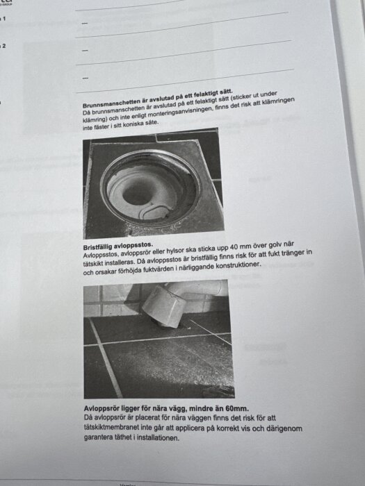 Besiktningsprotokoll med bilder av felaktigt monterad brunnsmanschett och avloppsrör för nära väggen i ett badrum.