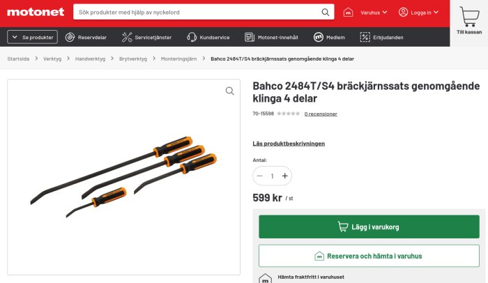 Bräckjärnssats med fyra delar från Bahco, modell 2484T/S4, med orange och svart handtag, visas mot en vit bakgrund.