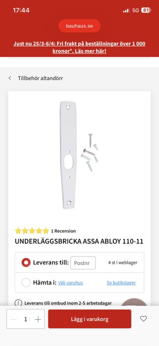 Underläggsbricka Assa Abloy 110-11 med skruvar för altandörr, visas på Bauhaus webbplats.
