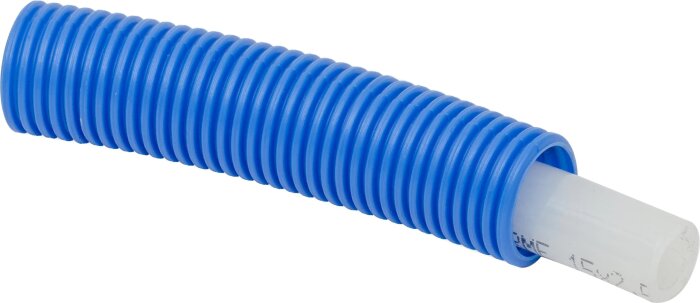 PEX-plastslang med blå korrugerad skyddsöverdrag, ofta använd i tapp- och elementvatteninstallationer för att förbättra potentialutjämning.