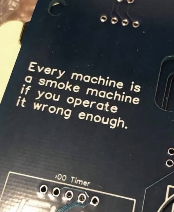 Text på kretskort med humoristiskt citat: "Every machine is a smoke machine if you operate it wrong enough.
