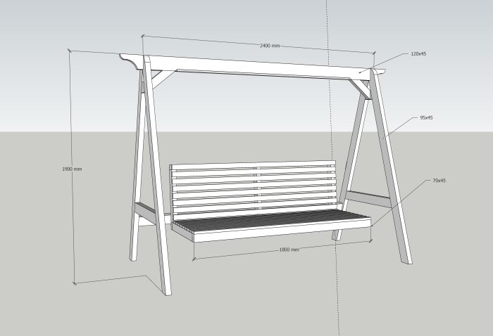 Ritning av trädgårdsgunga/hammock för tre personer med dimensioner: bredd 2400 mm, höjd 1900 mm, sittbredd 1800 mm.