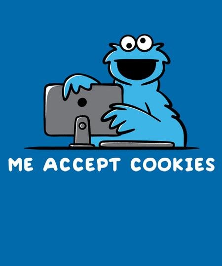Tecknad figur med blå päls tittar på en dator och håller i den, texten "Me accept cookies" syns på en blå bakgrund.
