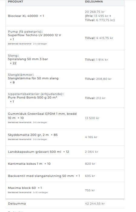 Inköpslista över produkter och deras priser för ett byggprojekt, inklusive bioclear, pump, slang, och tillbehör, med en total kostnad på 42,244.55 kr.